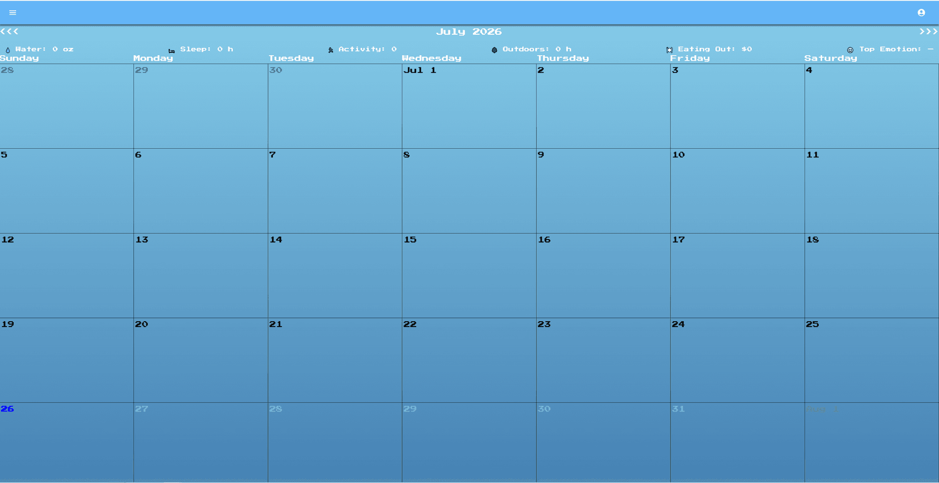 Daily Quest monthly calendar showing average habit values and selectable dates