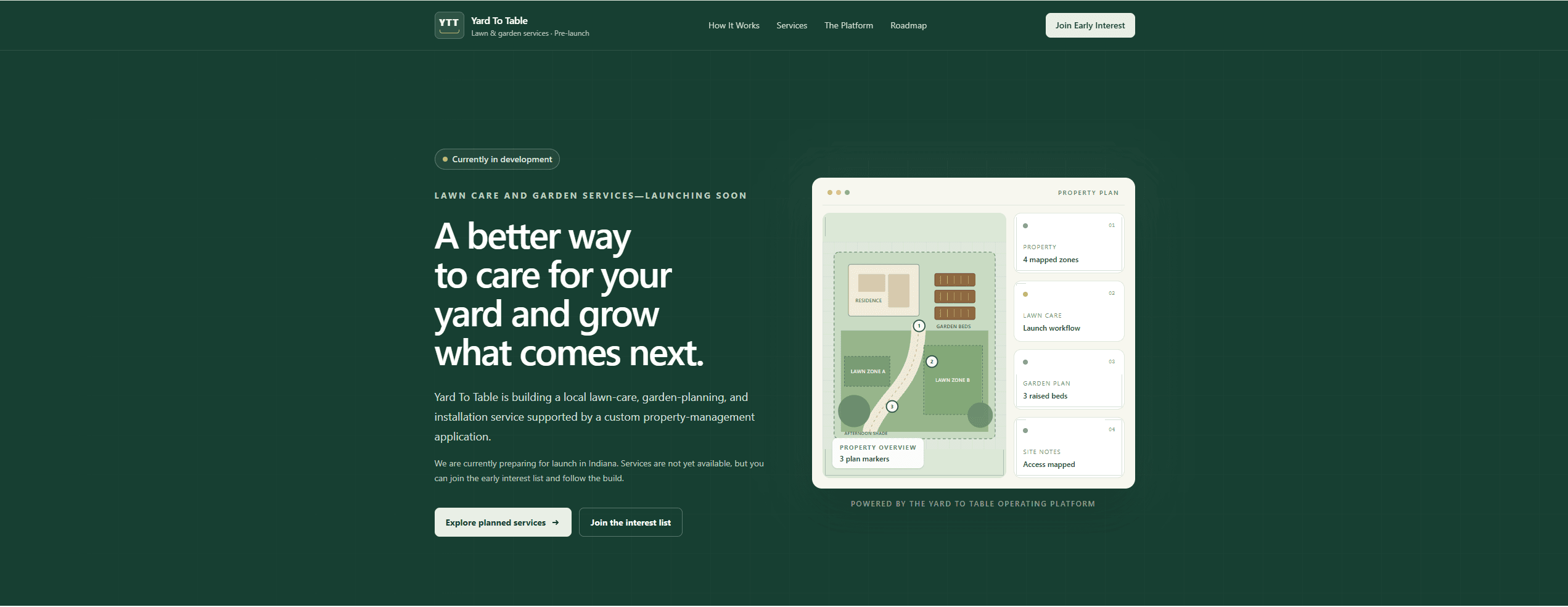 Yard To Table pre-launch homepage showing planned lawn and garden services and the custom property-management platform