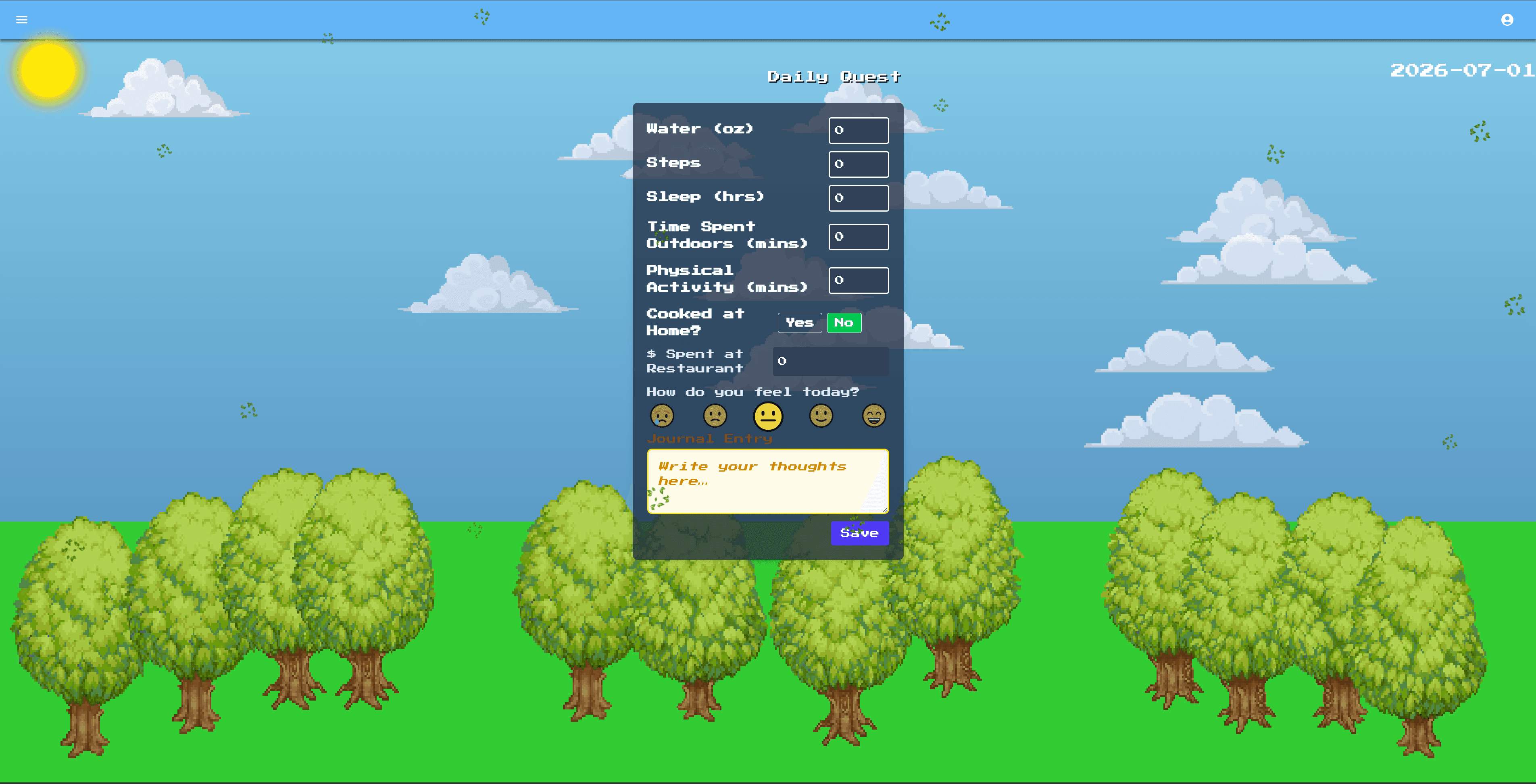 Daily Quest Daily Habits entry screen with pixel-art clouds and trees
